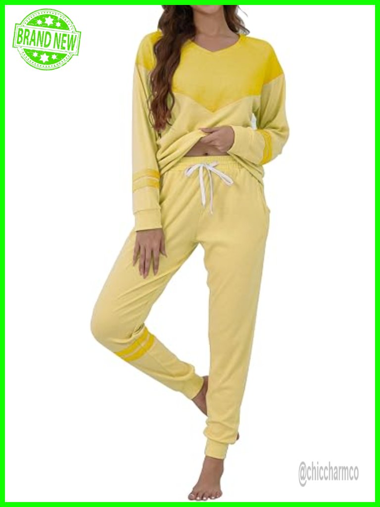 V Neck Long Sleeve Pajama Set With Drawstring Pants And Pockets